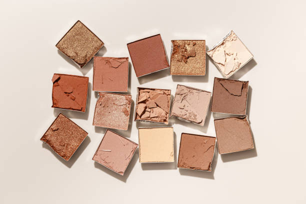 istock Beauty product neutral color eyeshadows for makeup, beige monochrome pattern on light background, flat lay with nude colors swatches eyeshade, cosmetic texture, beige color palette, top view pattern 1622330189