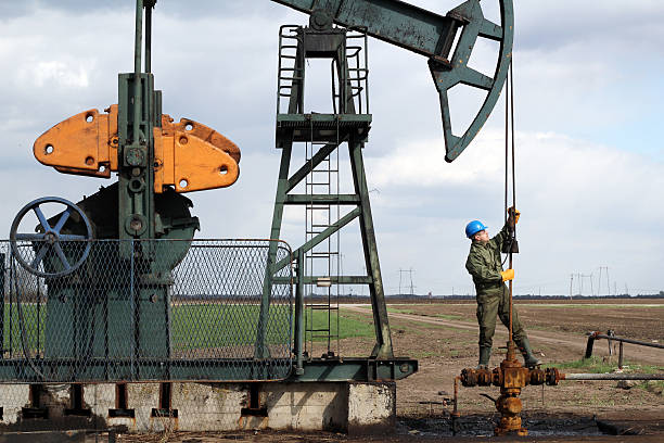 нефтяник стоя на трубопровод - нефтяник стоковые фото и изображения