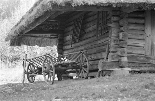 Photo on theme of old wooden hut without windows in abandoned village with cart for horse