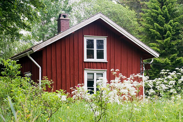 old traditional cottage from sweden - huisje stockfoto's en -beelden