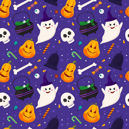 Vector Halloween seamless pattern. Pumpkins, bone, skull, witch pot with potion, candies, ghost in witch hat on dark blue background. Backdrop for wallpaper, print, textile, fabric, wrapping