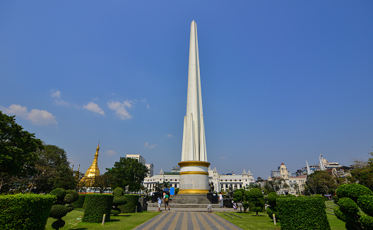 Yangon, Myanmar - Feb 13, 2017. Independence Monument at sunny day in Yangon, Myanmar. Yangon property market is the most expensive in Myanmar.