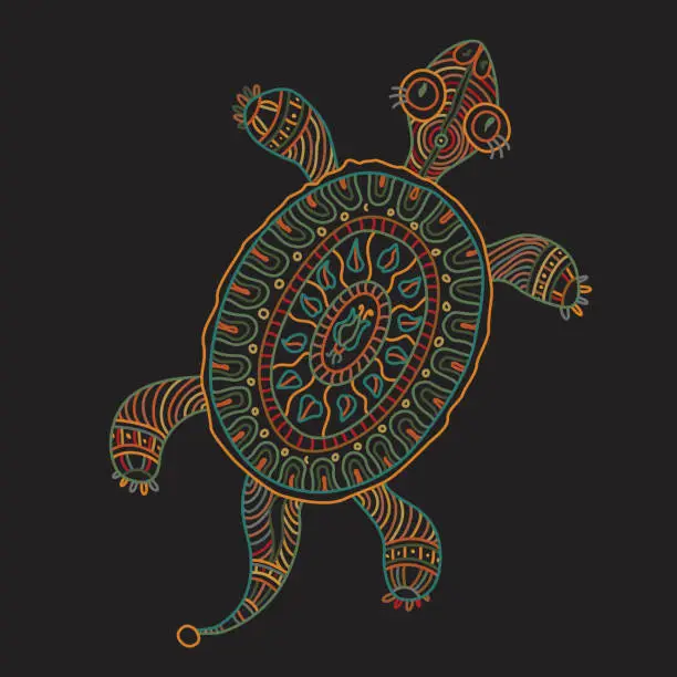 Vector illustration of Ornate colorful doodle turtle with decorative ethnic ornaments on a black background