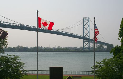 Windsor, ON, Canada-May 24,2007:Ambassador Suspension Bridge and Flags