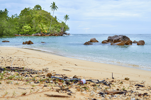 untouched beach  with coco palms on sandy beach and blue sea. Summer vacation and tropical in west sumatra indonesia