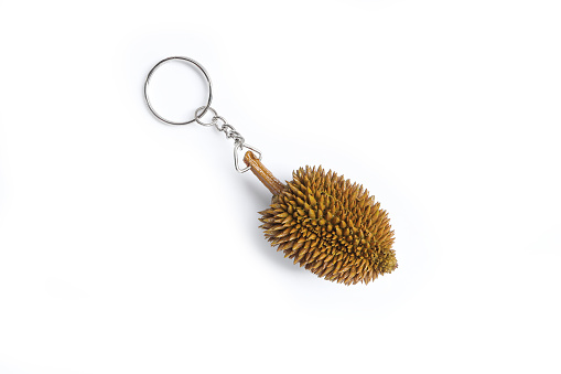 Mini Durian Keychain on a white background. Keychain handmade from Durian real fruit. Product of Thailand. copy space