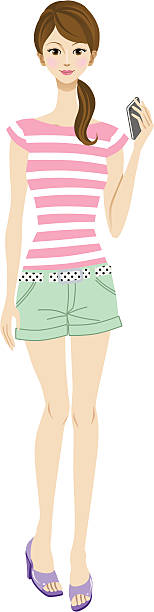 illustrazioni stock, clip art, cartoni animati e icone di tendenza di giovane donna stile casual e smartphone, - shorts