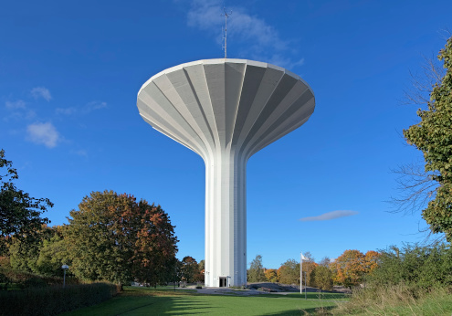 Water tower Svampen (The Fungus) in the district Norr in Orebro, Sweden. Svampen was designed by swedish architect Sune Lindstrom and inaugurated in May 1958. The water tower is 58 meters high and holds 9 million liters of water.