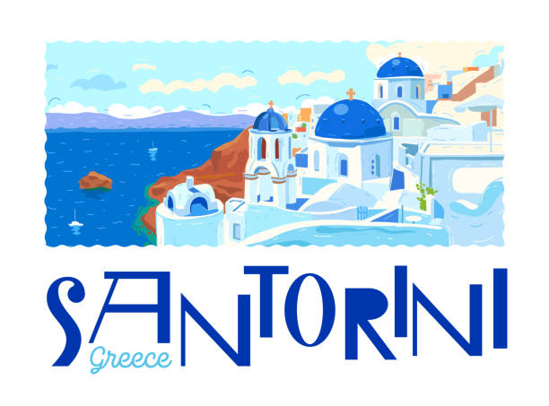 ilustraciones, imágenes clip art, dibujos animados e iconos de stock de isla de santorini, grecia. hermosa arquitectura blanca tradicional e iglesias ortodoxas griegas con cúpulas azules sobre la caldera. mar. logotipo, emblema de la ciudad. sello. ilustración vectorial - greece greek islands town village