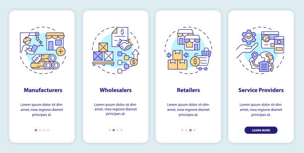 Walkthrough vendor management with linear icons concept 2D icons representing vendor management mobile app screen set. Walkthrough 4 steps multicolor graphic instructions with thin line icons concept, UI, UX, GUI template. supplier relationship management stock illustrations