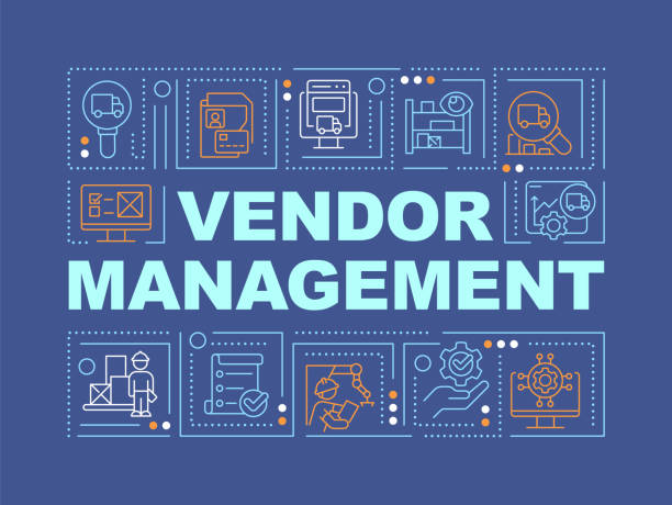 Vendor management text with thin line icons Vendor management text with various thin line icons concept on dark blue monochromatic background, editable 2D vector illustration. supplier relationship management stock illustrations