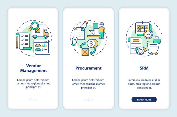 Walkthrough vendor management with colorful icons concept 2D icons representing vendor management mobile app screen set. Walkthrough 3 steps colorful graphic instructions with thin line icons concept, UI, UX, GUI template. supplier relationship management stock illustrations