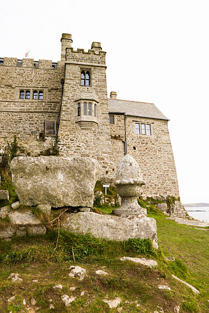 St. Michael's Mount in Cornwall, UK during a misty morning in September during tide.