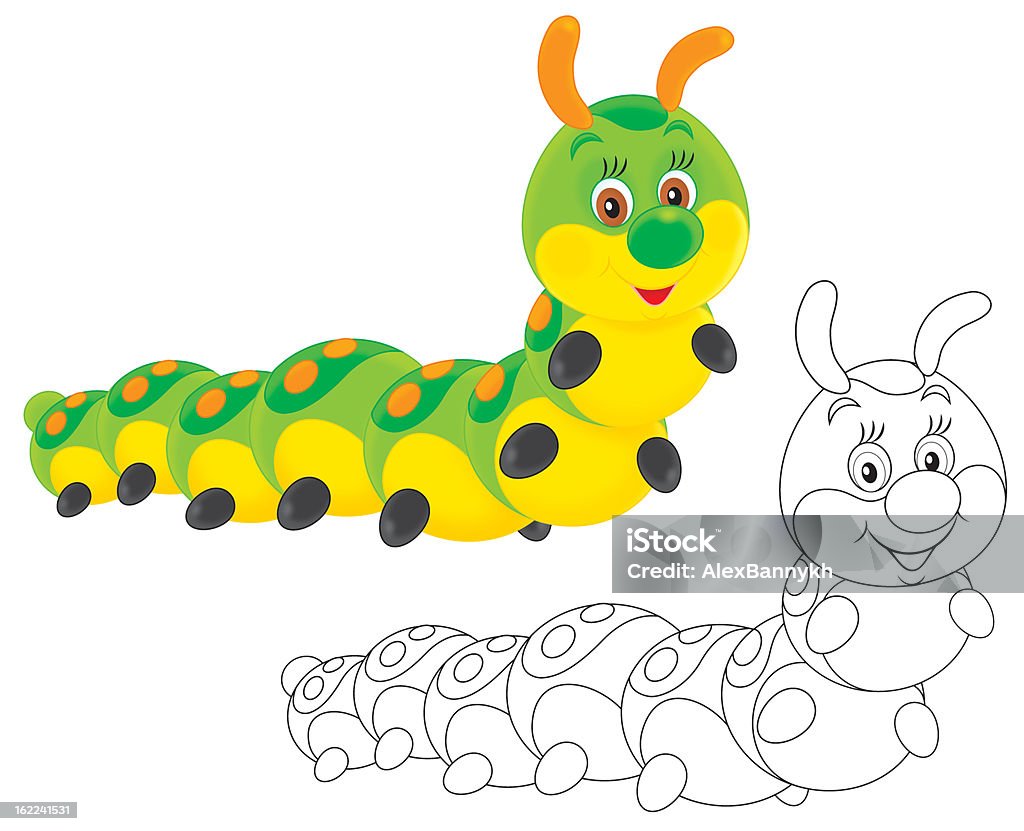 Caterpillar caterpillar friendly smiling, color and black-and-white outline illustrations on a white background Black And White stock illustration