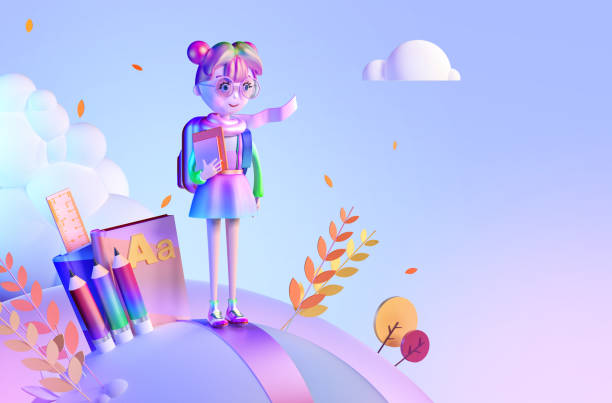 Back to school banner design. Happy smiling elementary school kid with backpack, educational school supplies, stationery. 3D first grade girl child colorful template, fall background, space for text