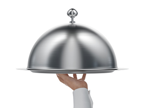 Waiter hand holding shiny restaurant tray and metal cloche dish lid isolated on white background. Restaurant promo, serving banquet, present, offer illustration design concept, cloche 3D rendering