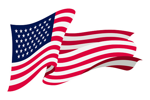 Waving flag. American flag on white background. National flag waving symbol. Banner design element.