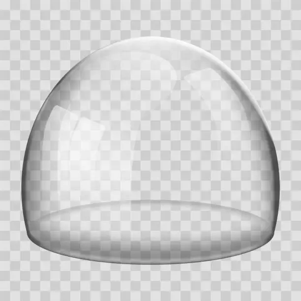 Vector illustration of Glass dome. 3D Realistic spherical kitchen utensils, laboratory or exhibition case. Vector isolated glossy shape of showcase safety on transparent background