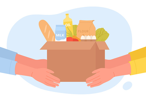 Humanitarian aid Charity concept vector illustration. Cartoon hands of volunteers hold box with grocery products to help and support injured people