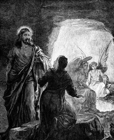 An engraved vintage illustration image of  The Resurrection of Jesus Christ, from a Victorian book dated 1881 that is no longer in copyright