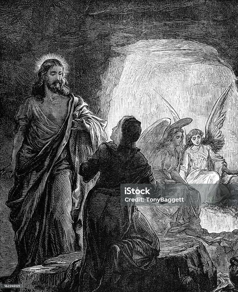 Resurrection Of Christ An engraved vintage illustration image of  The Resurrection of Jesus Christ, from a Victorian book dated 1881 that is no longer in copyright Jesus Christ stock illustration