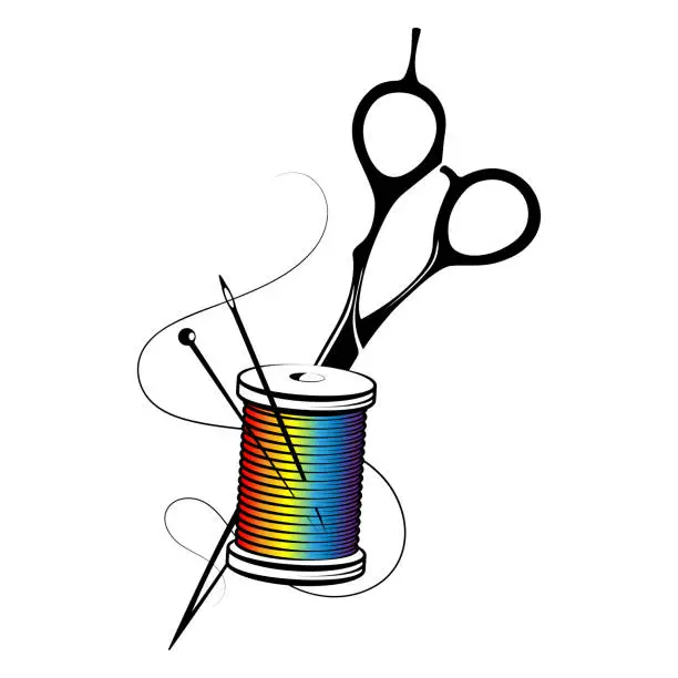 Vector illustration of Scissors a spool of colored thread and a needle and thread