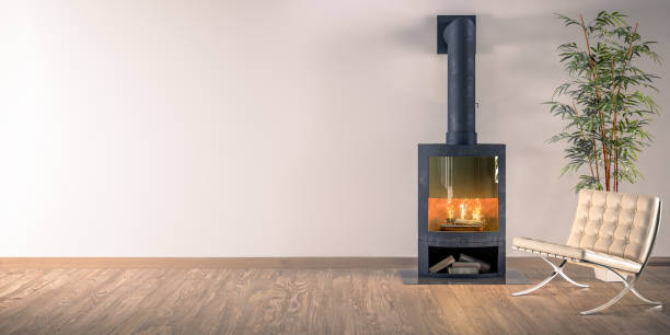 istock Modern Chair at a Fireplace With Empty Wall & Parquett Floor - Copy Space Background 1622455803