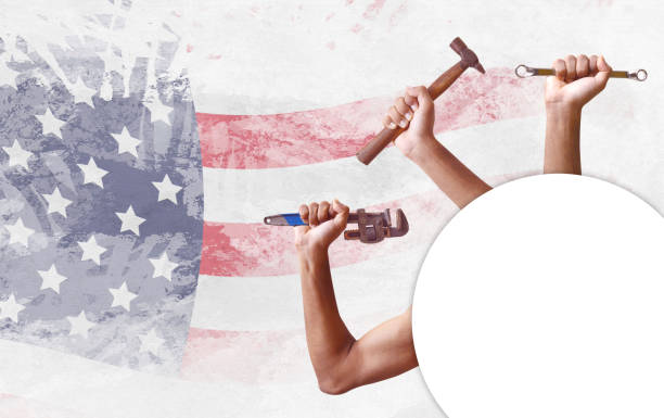 istock Grunge textured  bright horizontal grunge white graffiti faded backdrop with three hands holding hammer, spanner or wrench work tool suitable for American Labor's Day poster and USA flag design as graffiti 1622473933
