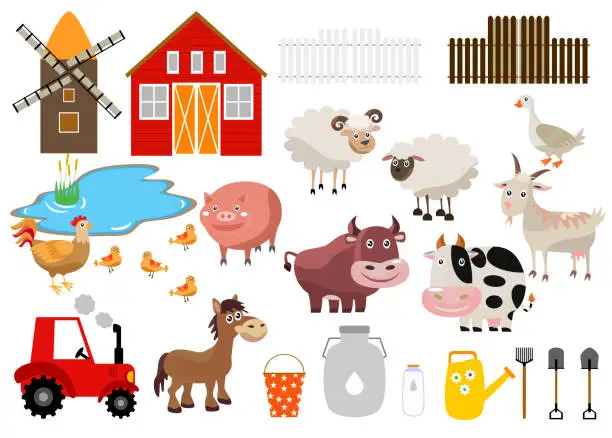 Vector illustration of Collection of farm animals in flat style.