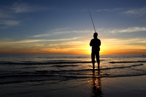 fishing rod at sunset time seascape horizontal still