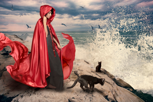 Photo compilation. The individual elements are added. A woman in a red coat at the sea.