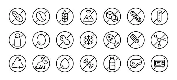 Vector illustration of Allergen free badges. No sugar, gluten, lactose, oil free editable stroke thin outline icons set isolated on white background flat vector illustration. Pixel perfect. 64 x 64.