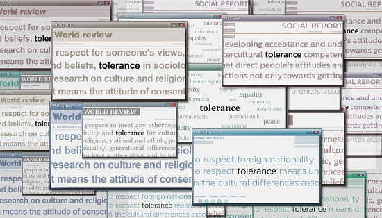 Tolerance equality respect acceptance and solidarity headline news across international media. Abstract concept of news titles on noise displays. TV glitch effect 3d illustration.