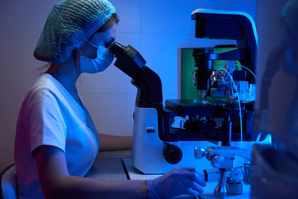 istock Embryologist in protective gloves and a mask works with biomaterial 1622522933