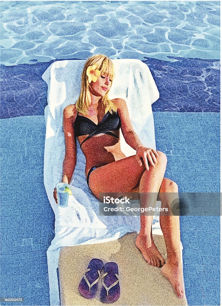 Joven mujer tomando el sol en la piscina del complejo turístico - arte vectorial de Piscina libre de derechos