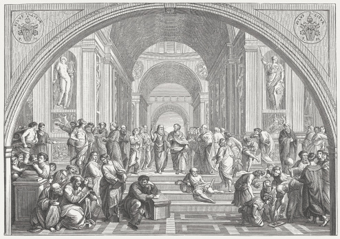 The School of Athens. Woodcut engraving after the famous fresco (1510/11) from the Stanza della Segnatura, in the Apostolic Palace in the Vatican by Raffaello Sanzio (Italian painter, 1483 - 1520), published in 1873.