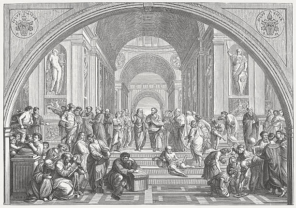 The School of Athens (Vatican) by Raffael, published in 1873 The School of Athens. Woodcut engraving after the famous fresco (1510/11) from the Stanza della Segnatura, in the Apostolic Palace in the Vatican by Raffaello Sanzio (Italian painter, 1483 - 1520), published in 1873. aristotle stock illustrations