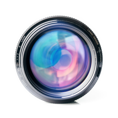 Close-up vintage professional camera lens. Action. Technical features of lens for professional camera. Portrait lens on blurry green background.