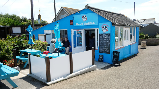 Lizard, Cornwall, UK - 15th July,  2023: The Lizard Shellfish Shop supplying tourists and locals with locally caught seafood on the Lizard Peninsula, Cornwall, UK.\nThe Lizard is Britain's most southerly point and a popular tourist destination.