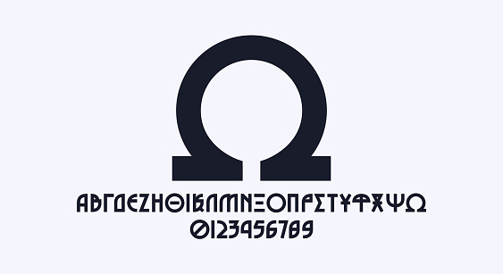 Greek decorative geometric sans serif font in the style of esoteric signs. Bold face. Letters and numbers for label design