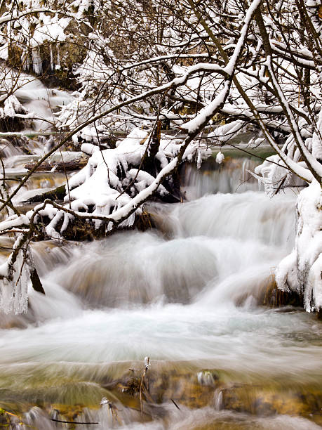 흐릿한 cascades - plitvice lakes national park croatia winter sparse 뉴스 사진 이미지