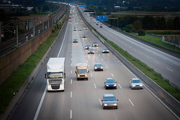 istock Traffic on Autobahn A3 at dusk, high angle view 162255156