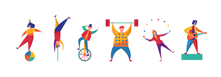 Cartoon Color Characters People Circus Funny Artists Concept Flat Design Style Include of Juggler and Strongman Performer. Vector illustration