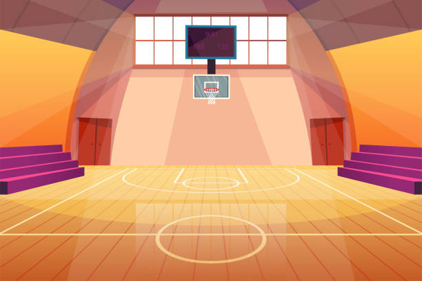 illustrations, cliparts, dessins animés et icônes de dessin animé couleur terrain de basket-ball intérieur intérieur concept de scène. vecteur - basketball hoop basketball net backgrounds