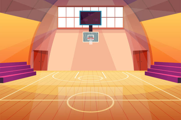 ilustrações de stock, clip art, desenhos animados e ícones de cartoon color basketball court interior inside scene concept. vector - basketball hoop basketball net backgrounds