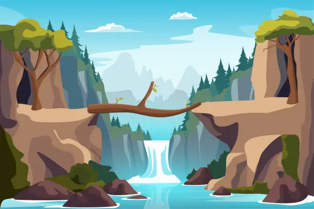 Vector illustration of Cartoon Color Log Bridge Landscape Scene Concept. Vector