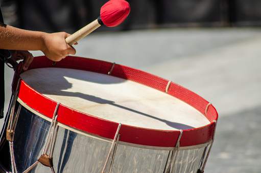 detail of a red and white bass drum