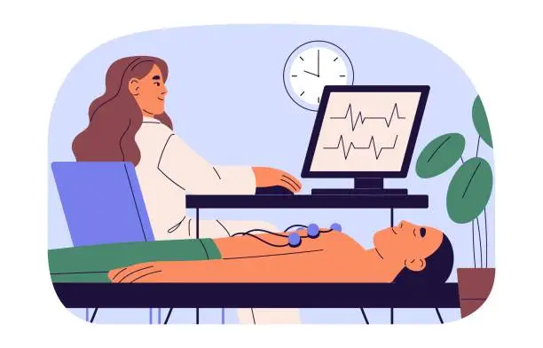 Vector illustration of Cardiologist check ECG, EKG, cardiogram and electrocardiogram, patient care about health, treatment of heart disease. Cardio doctor in hospital. Flat isolated vector illustration on white background