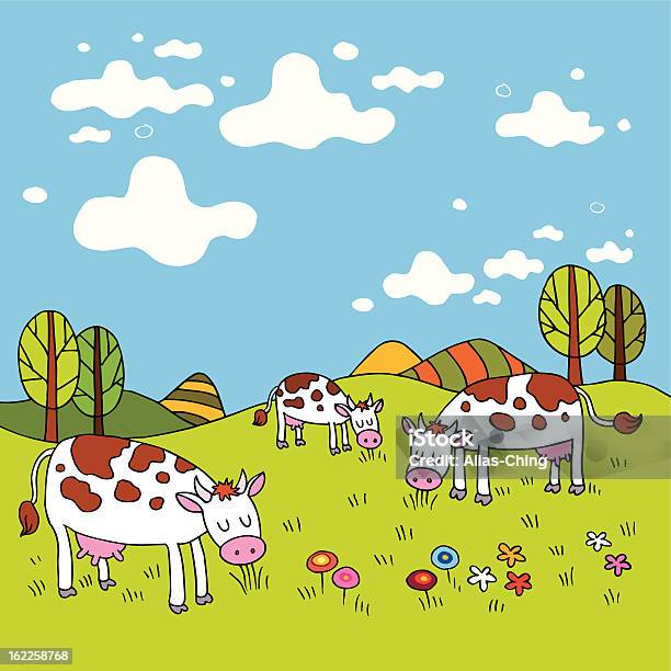 Krowy W Dziedzinie - Stockowe grafiki wektorowe i więcej obrazów Bez ludzi - Bez ludzi, Bydło, Chmura