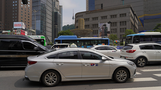 Seoul, Sejong-daero, South Korea - 06.26.2023, public transport traffic on the central street of Seoul